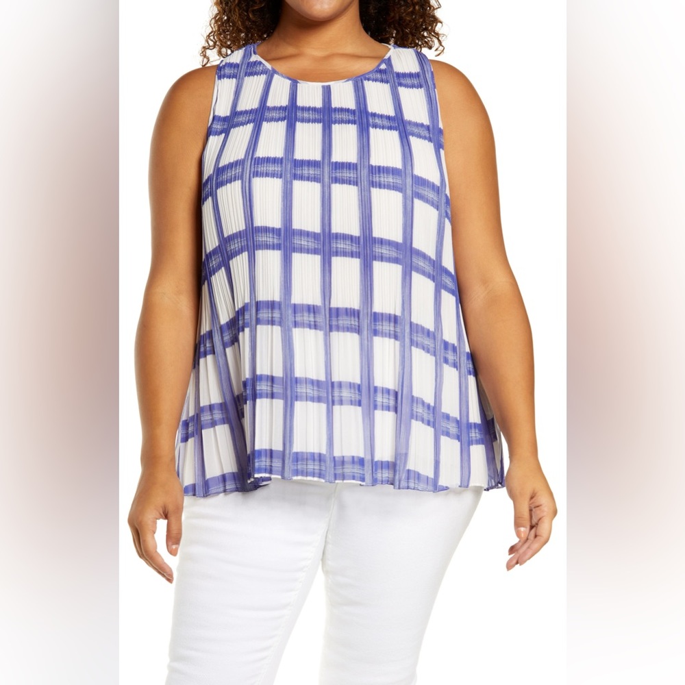 New Halogen Sleeveless Georgette Blouse Pleated Blue Brush Plus Size 1X